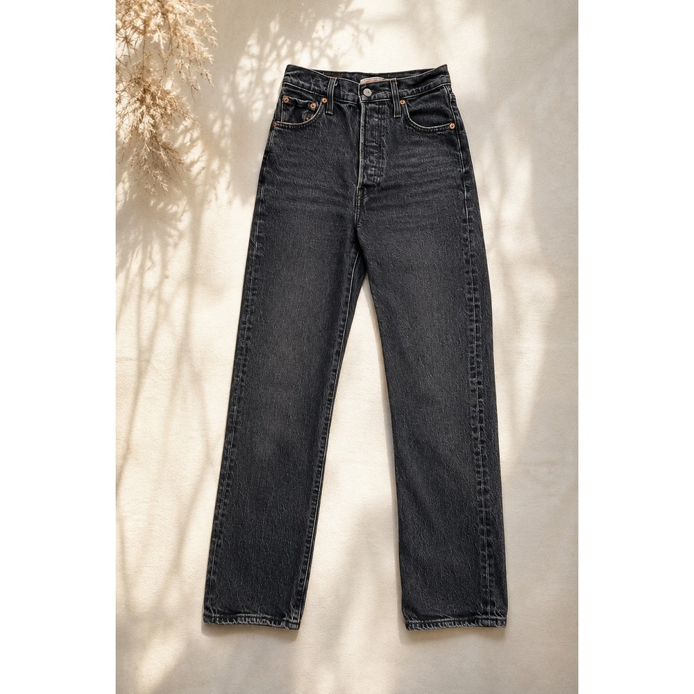 Levis Premium Ribcage Straight Ankle Jeans Faded Black Gray 23 Ultra High Rise